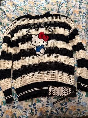 Hello Kitty Black and White Striped Crochet Sweater